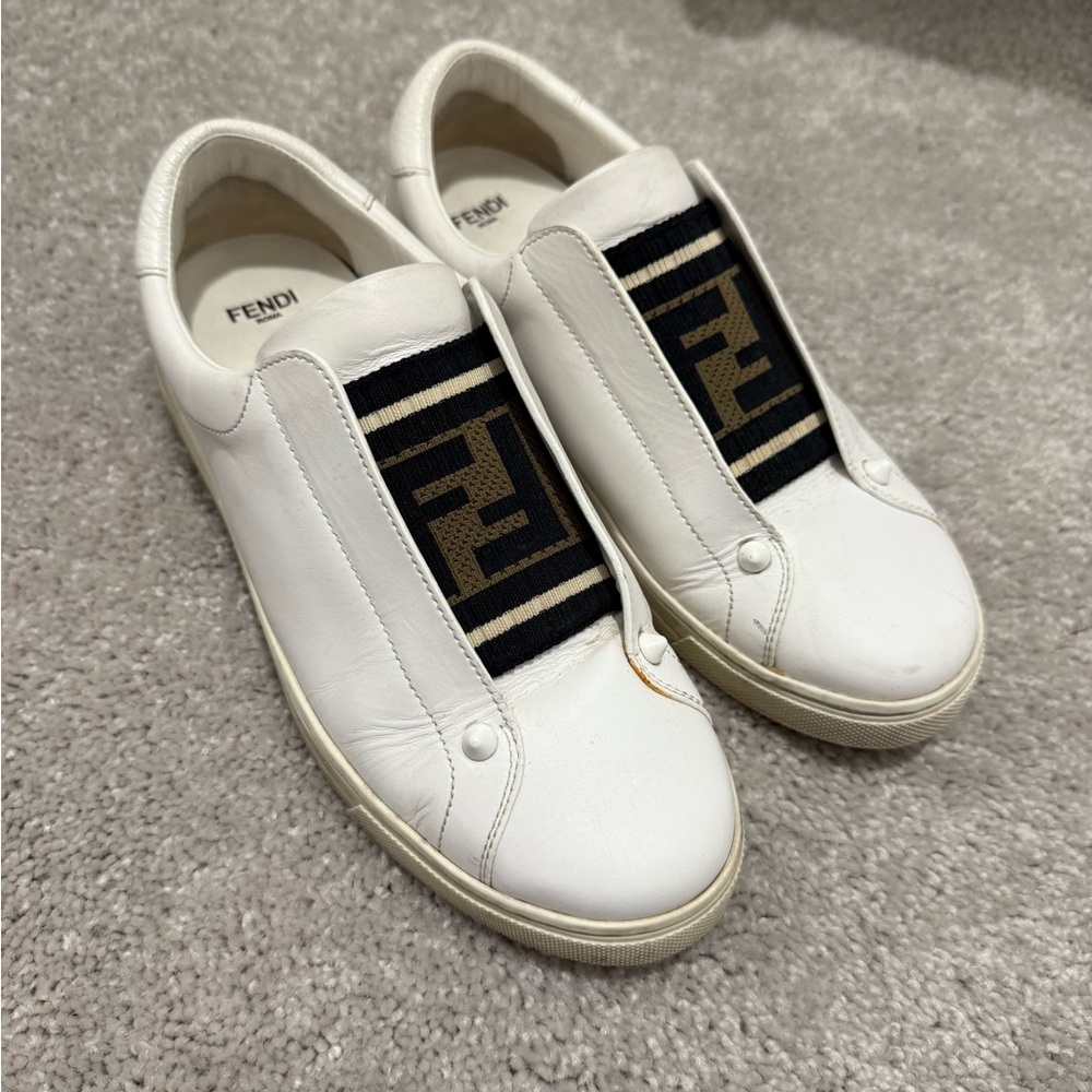Fendi White Leather Slip-On Sneakers with Zucca Logo Elastic in Brown & Black